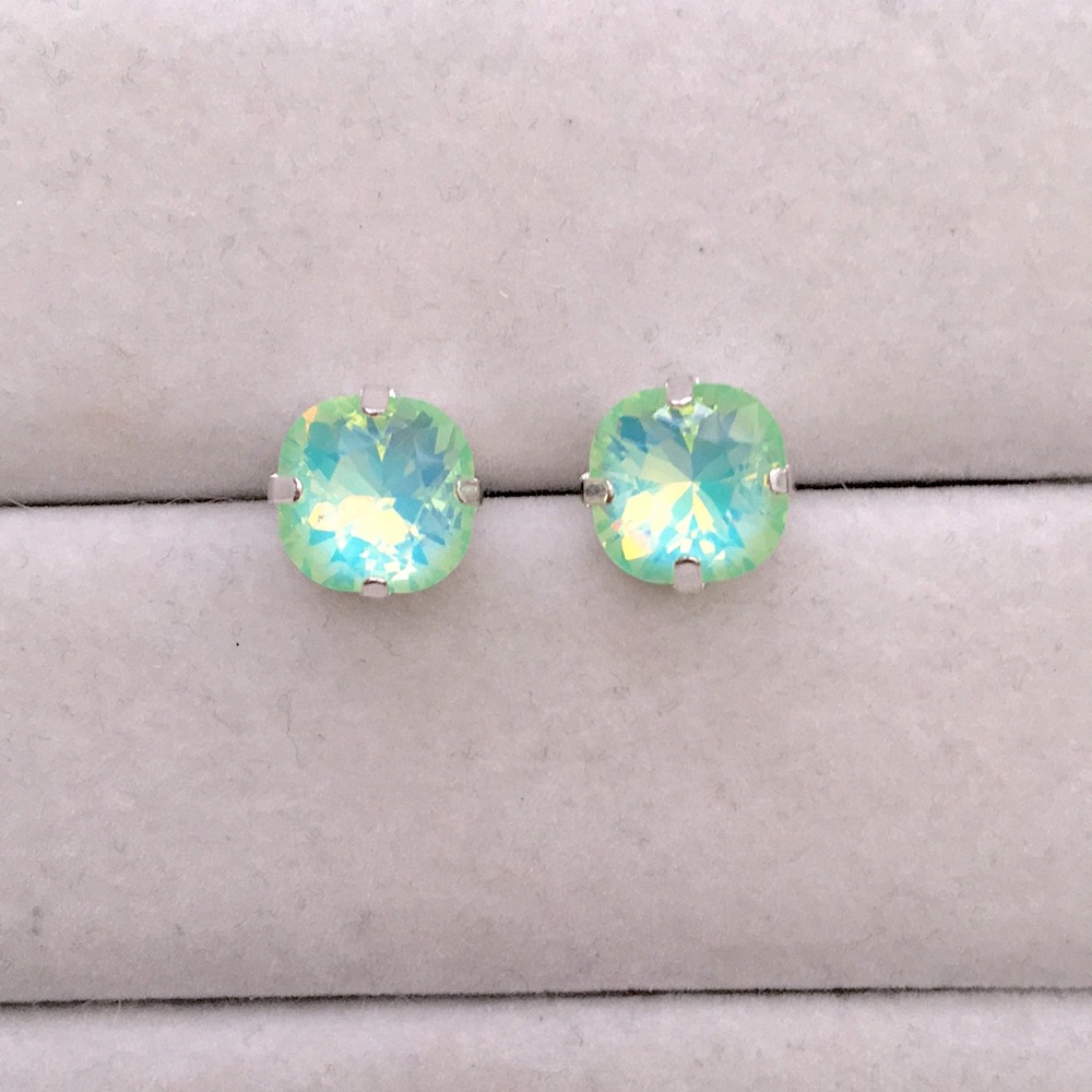 Pacific Opal Aurora Borealis + Silver Cushion Cut Crystal Earrings - Picture 5 of 6
